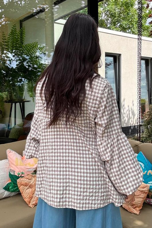 Nonni Gingham Bell Sleeve Peasant Blouse Mocha